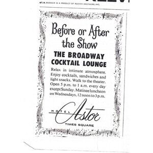 Vintage Hotel Astor Times Square Broadway Cocktail Lounge Print Ad 1960s